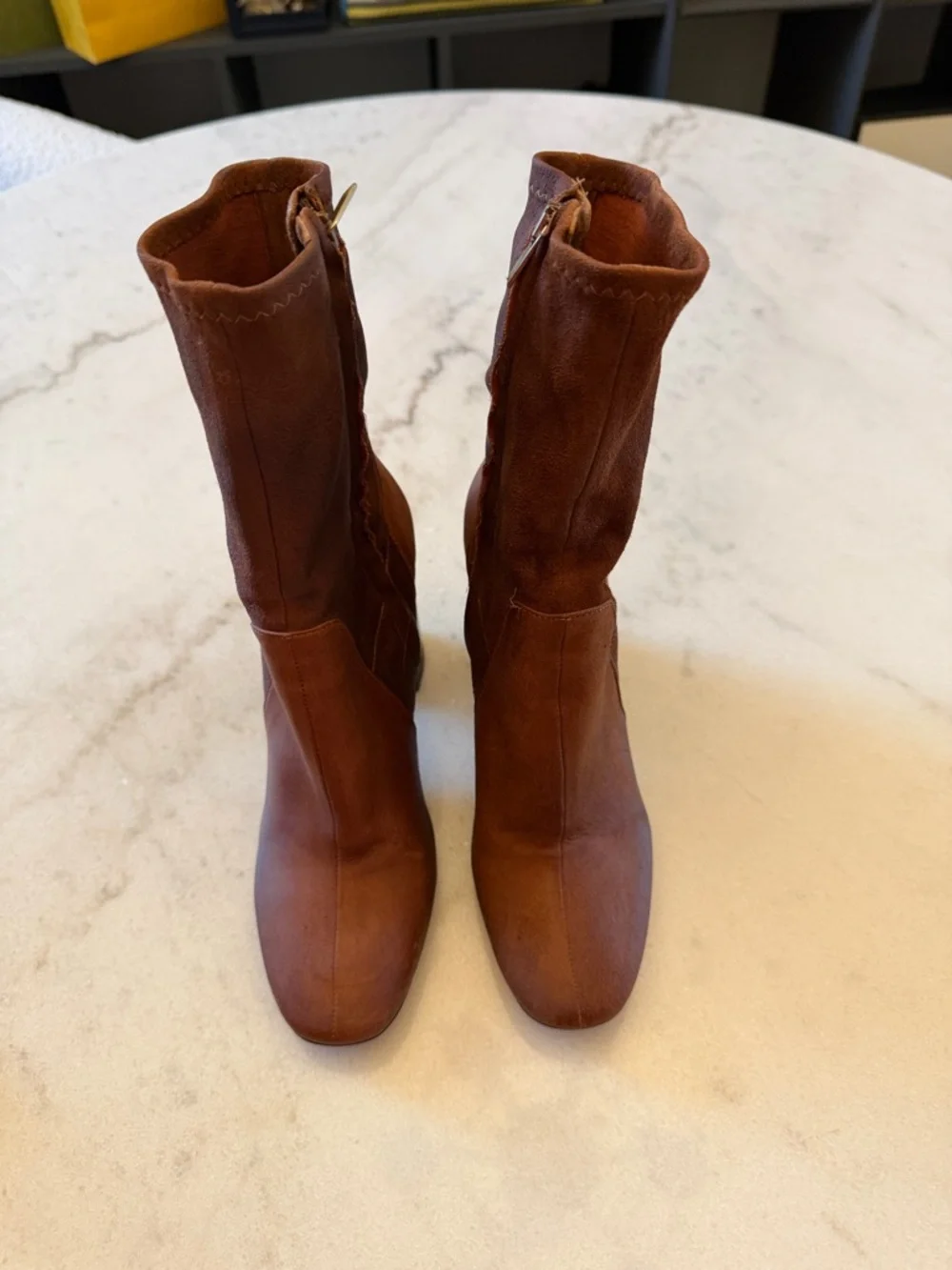 Brown Leather Ankle Boots Block Heel Pointed Toe Booties Chic Minimalist Style